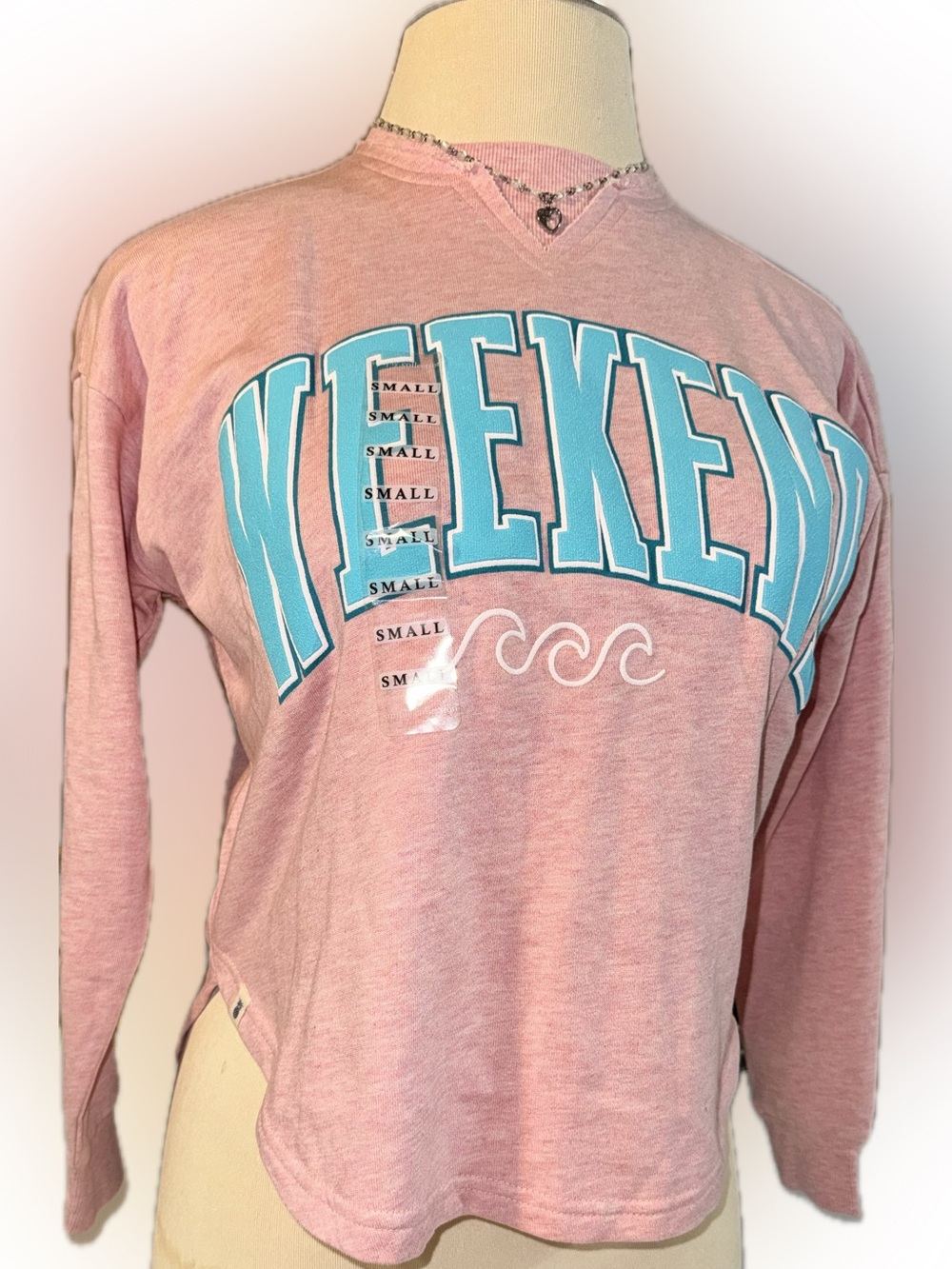 Simply Southern Boxy Pink Pullover with Turquoise WEEKEND and Waves Graphic